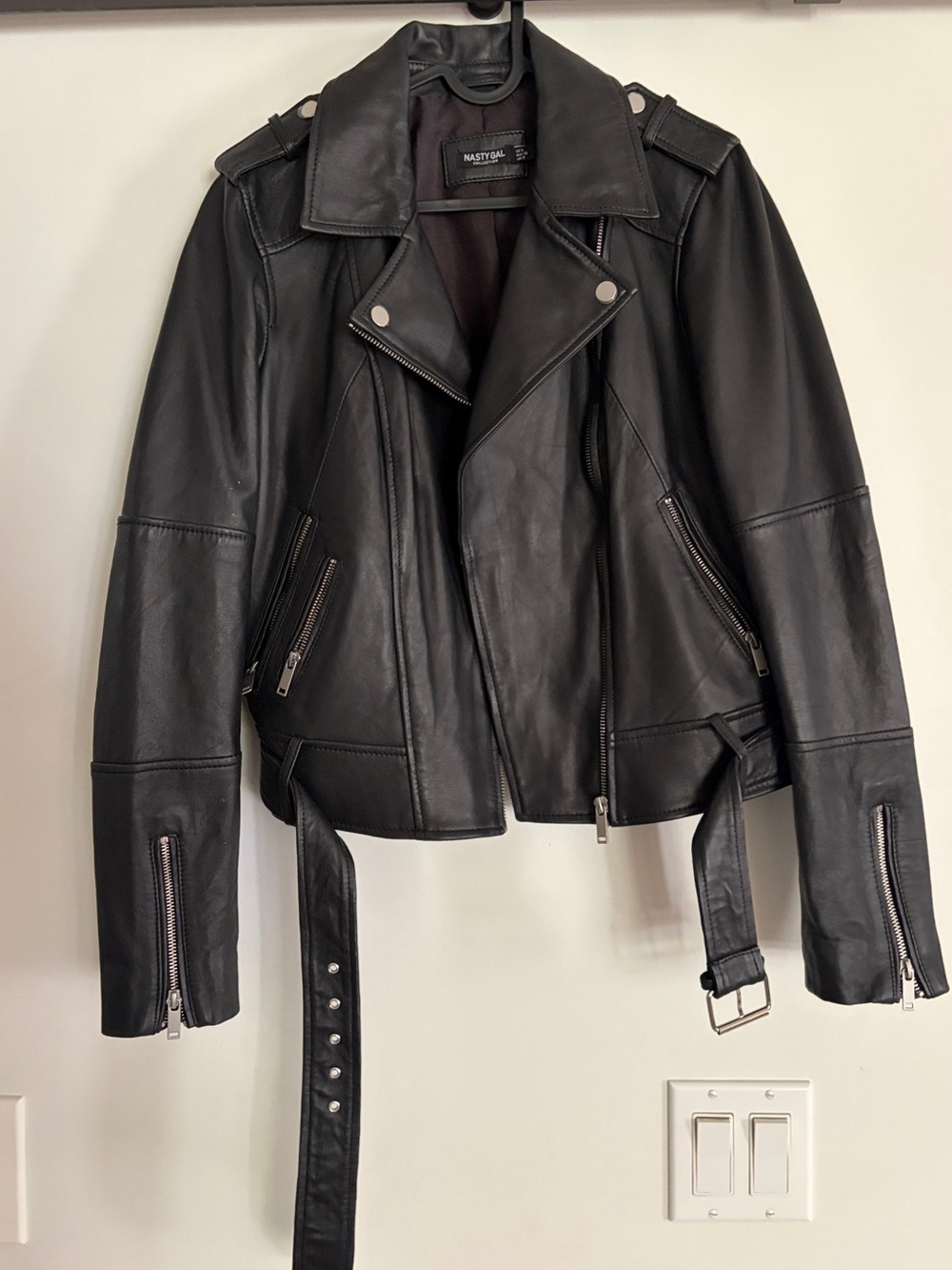 Nasty Gal Black Leather Biker Jacket with Belted Waist